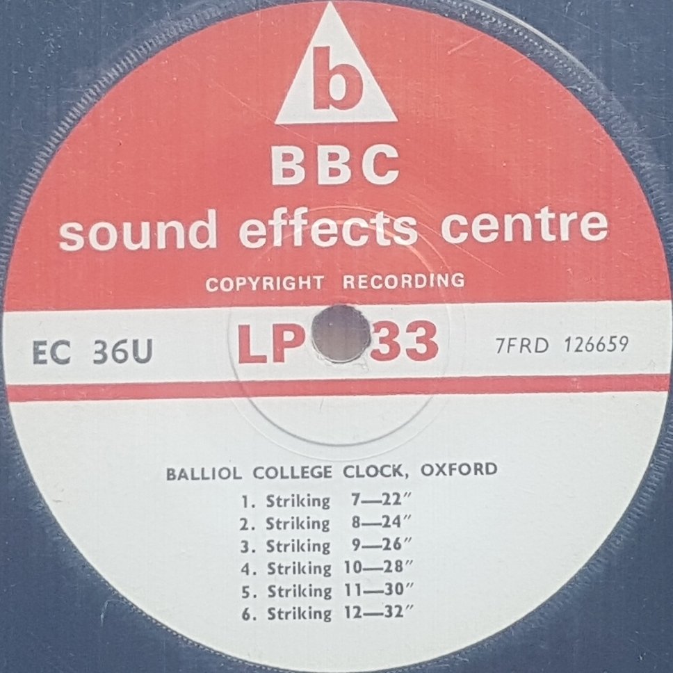 EC 36U Balliol College clock, Oxford Not registered from the BBC records and Tapes library Label